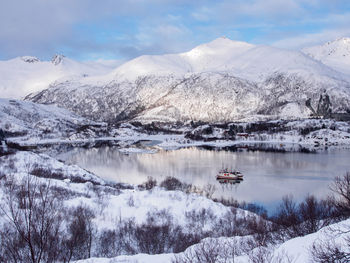 Scenic view of lake and snowcapped mountains against sky
