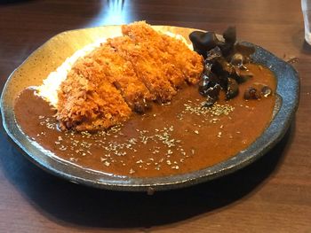 Close-up of cake served on table