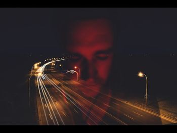 Light trails on road at night