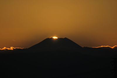 Scenic view of silhouette mountain against sky during sunset