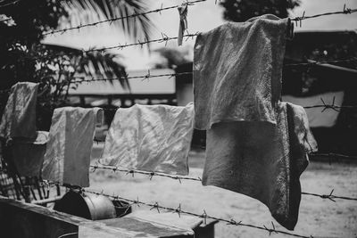 Close-up of rope hanging on fence