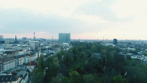 High angle view of buildings against sky