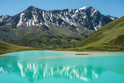 Scenic view of lake by mountains against sky