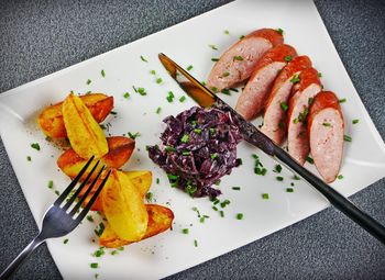 High angle view of food served in plate