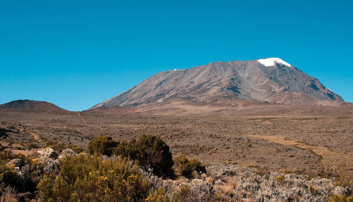 Scenic view of mountains against clear blue sky