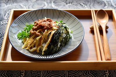 High angle view of meat in bowl on table