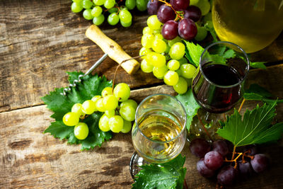 High angle view of grapes in glass on table