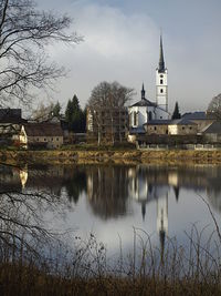 Reflection of buildings and trees in lake against sky