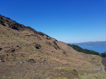 Scenic view of mountains against clear blue sky