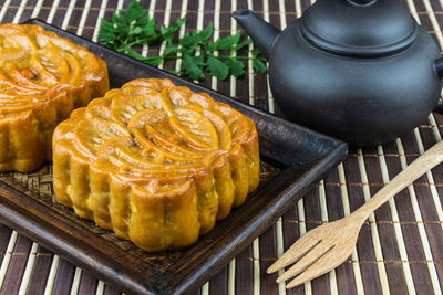 High angle view of bread in plate on table