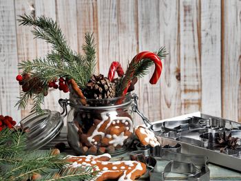 Close-up of christmas decorations on table