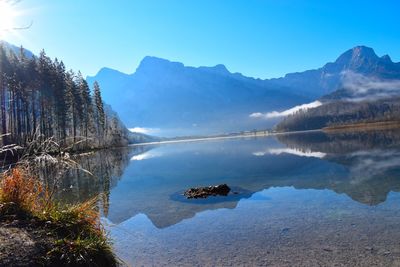 Scenic view of lake and mountains against clear sky