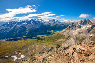 View to champfer and silvaplanersee lakes, mountains range,  piz nair area, st moritz, switzerland