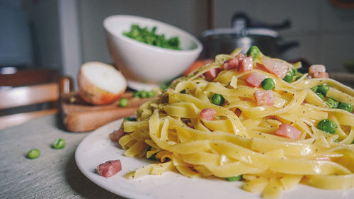 Close-up of pasta served in plate