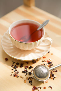 High angle view of tea cup on table