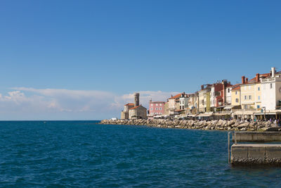 Scenic view of sea against clear blue sky