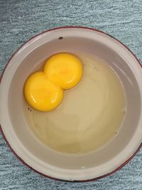 High angle view of twin yolks for breakfast surprise 