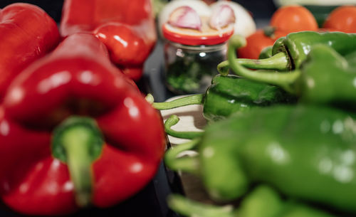 Close up of fresh vegetables and fruit in the kitchen counter