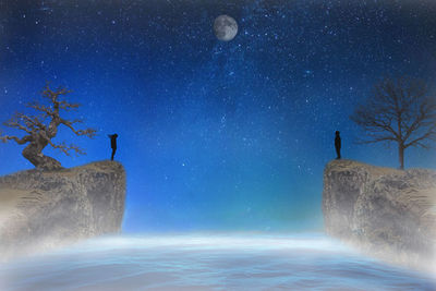 Digital composite image of silhouette people on land against sky at night