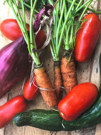 High angle view of tomatoes on table