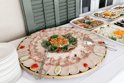 High angle view of food in plate on table