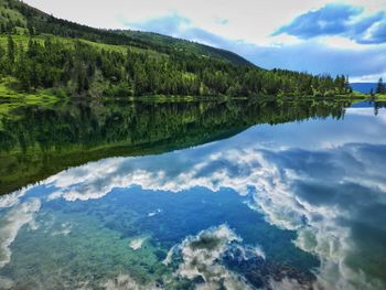 Scenic view of lake and mountains against sky