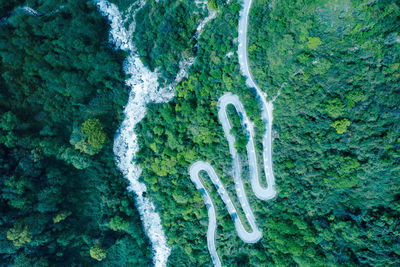 Aerial view of winding road amidst green landscape