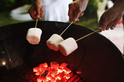 Close-up of hands roasting marshmallows on fir pit