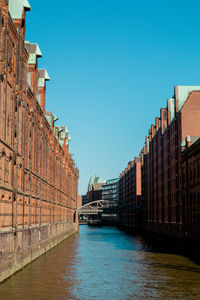 Canal amidst buildings against clear sky