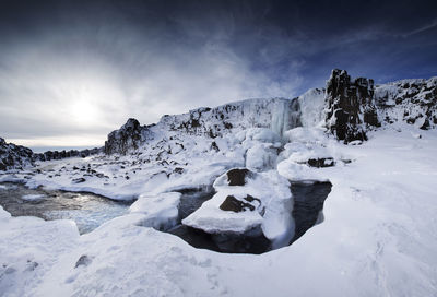 Scenic view of rocks against sky during winter