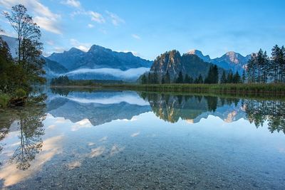 Scenic view of lake and mountains against sky