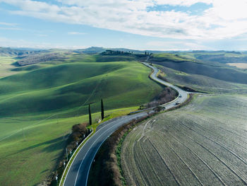 High angle view of road amidst landscape against sky