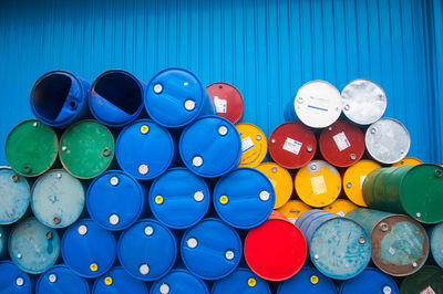Stacked plastic barrels at factory