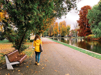 Rear view of man standing by lake during autumn