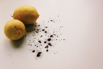 High angle view of fruits in plate on table