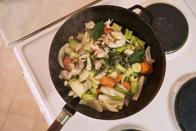 High angle view of food in plate on table