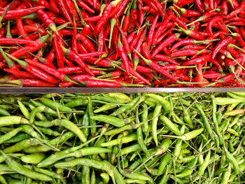 Full frame shot of red chili peppers in market