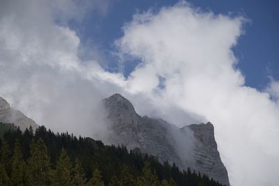 Low angle view of snowcapped mountains against sky