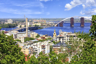 Bridge over river by buildings in city against sky