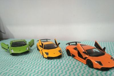 High angle view of toy car on wall