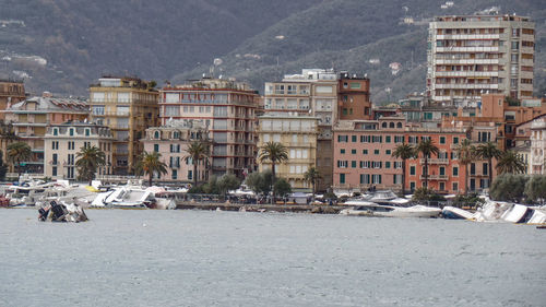 Buildings in city during winter