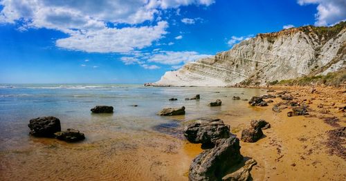 Scenic view of beach against cloudy sky