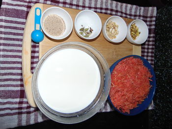 High angle view of breakfast on table