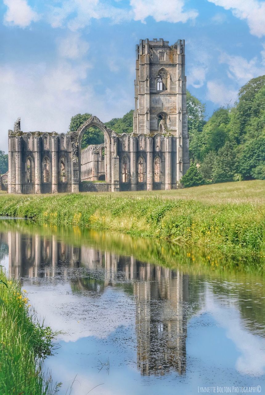 architecture, history, built structure, the past, reflection, sky, building exterior, building, water, plant, cloud - sky, nature, day, old ruin, ancient, grass, no people, place of worship, travel destinations, outdoors, ancient civilization, architectural column, ruined, archaeology