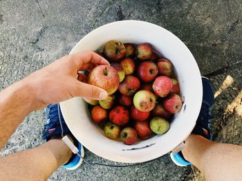 High angle view of man holding fruits