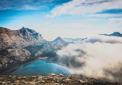 Scenic view of lake and mountains against sky