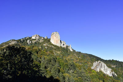 Low angle view of rocks against clear blue sky