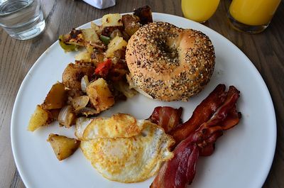 High angle view of breakfast on table