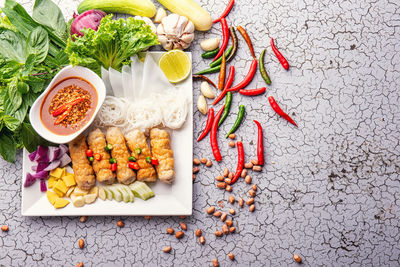 High angle view of chopped fruits on table