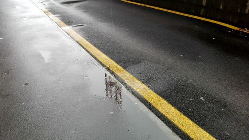 High angle view of wet yellow road in rain